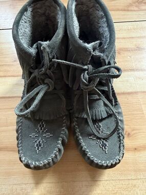 Women's grey Suede Moccasin Boots with Bead Detail